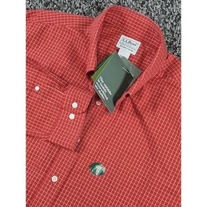 L.L. Bean Mens Wrinkle‎ Free Red Check Shirt Slightly Fitted Long Sleeve Large T